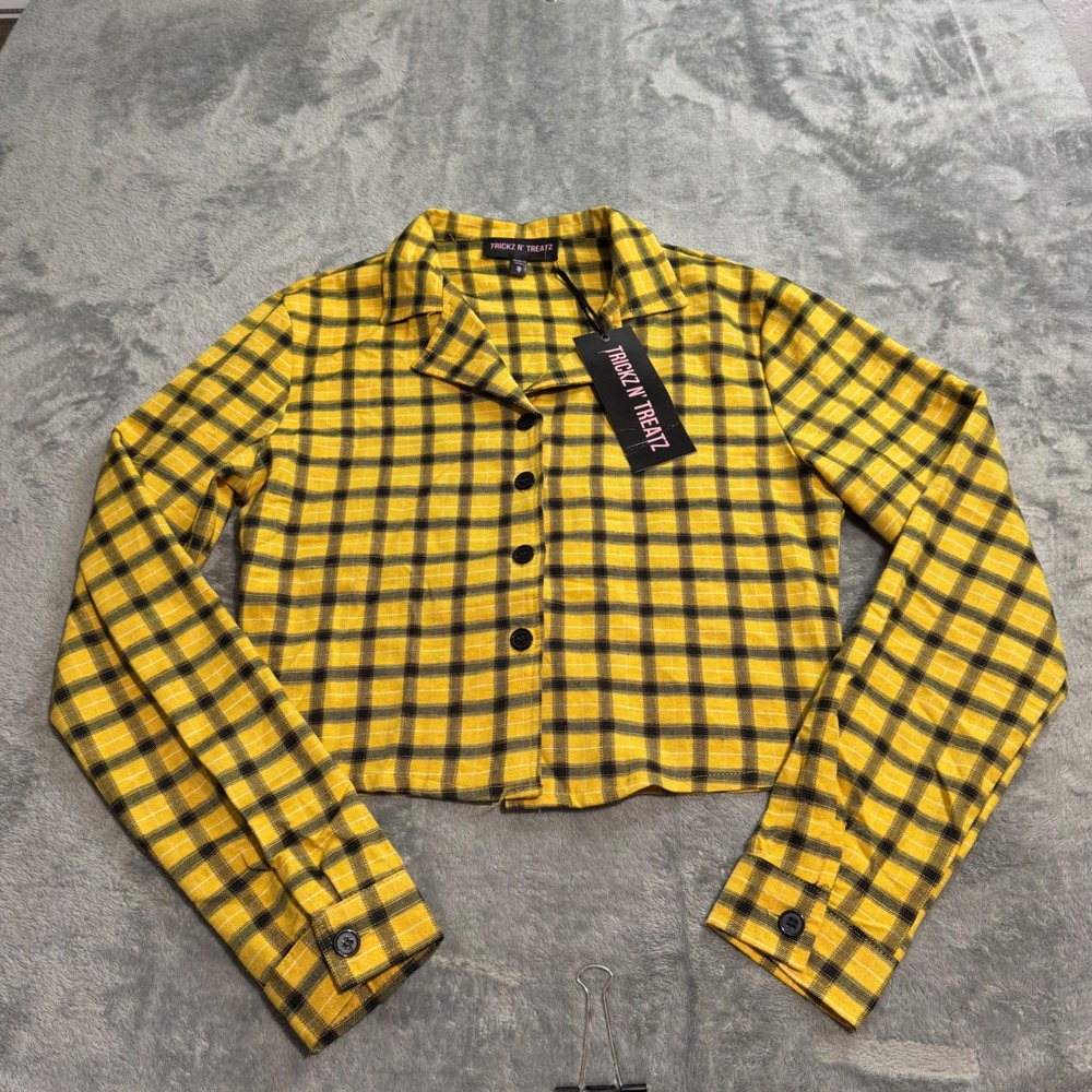 Trickz N Treatz Dolls Kill Yellow Plaid Cropped Button Up Shirt DKH18010 Small